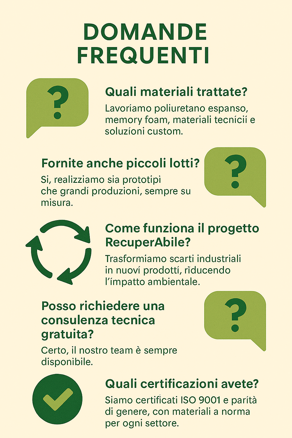 FAQ Bombè: materiali trattati, piccoli lotti, progetto RecuperAbile, consulenza tecnica gratuita e certificazioni ISO.